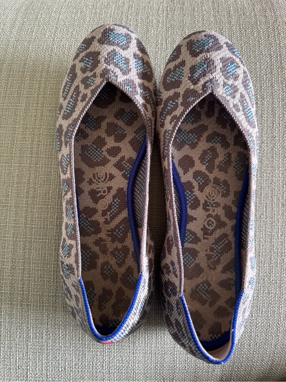Rothy's Taupe Leopard Knit Ballet Flats with Blue Trim